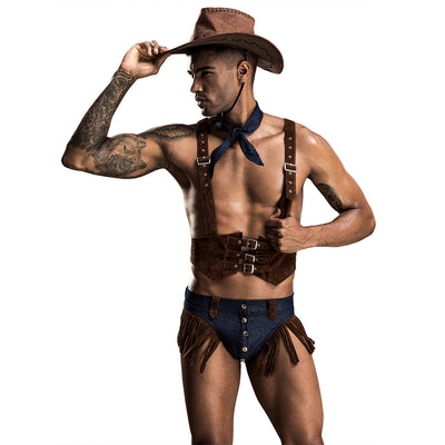 Men's Sexy Cowboy Suit Harness Vest Fringe Patchwork Design Costume Set